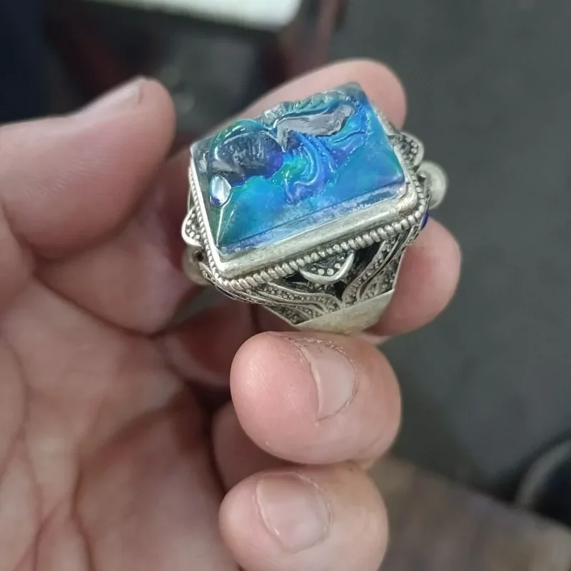 Vintage Cloisonne Goldfish Ring, Inlaid Natural Temperature Color Changing Gem, Adjustable Open Unisex Handmade Jewelry