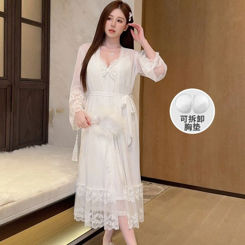 2피스 섹시 레이스 란제리 실크 새틴 나이트가운 로브 세트 (여성용) 2025 가을 한국식 목욕가운 잠옷 나이트드레스