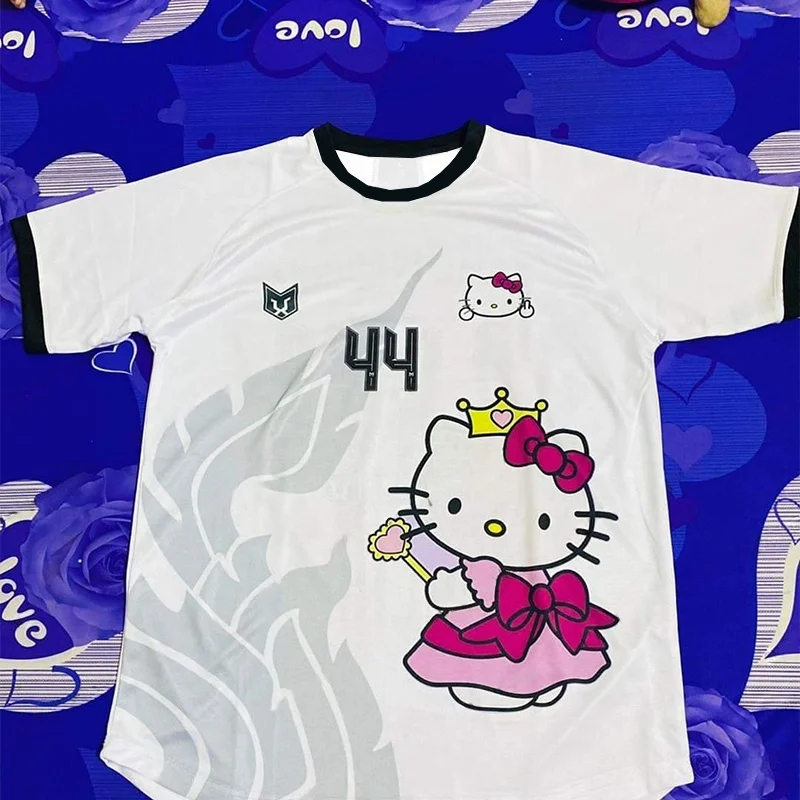 

Новинка 2025 года, футболка с короткими рукавами с рисунком «Hello Kitty», мужская и женская летняя модная дышащая быстросохнущая футбольная майка для отдыха