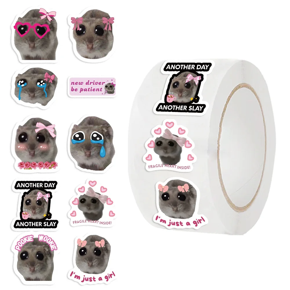 500pcs/Roll Cute Sad Hamster Decorative Roll Stickers PVC Material Creative DIY Phone And Envelope Scrapbook Waterproof Stickers