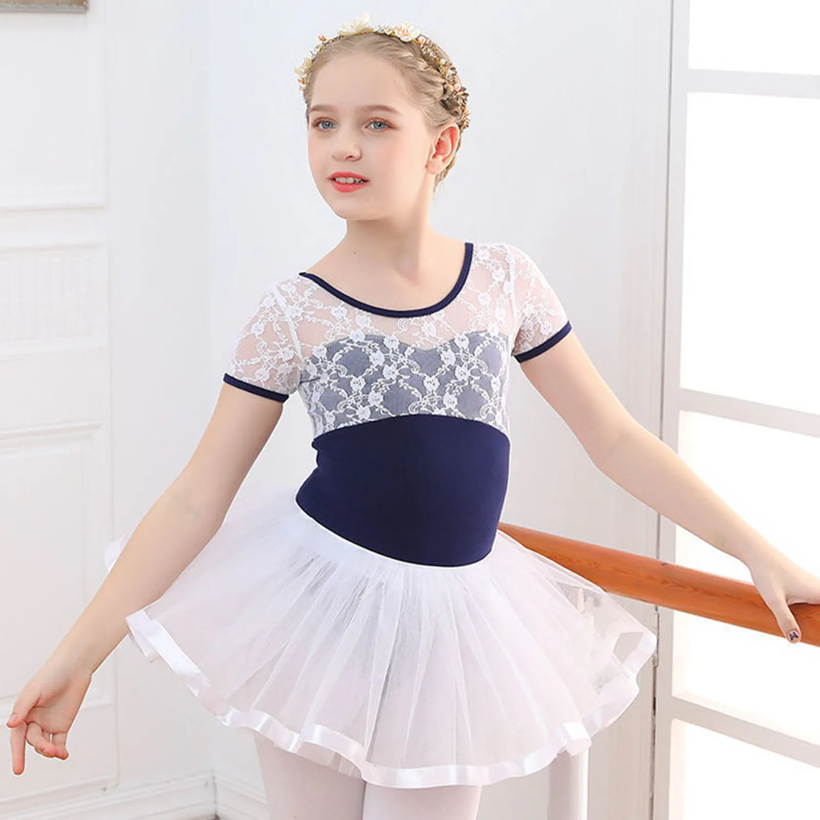 Ballet Leotards For Girls Lace Mesh Splice Elegant Children Girls Leotard Skate Gymnastics Training Bodysuit U Back Dance Sets