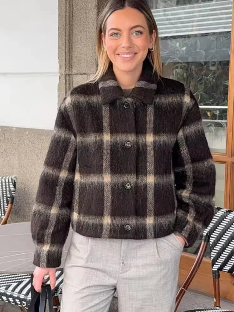 

Шерстяная женская короткая куртка в клетку с лацканами, элегантное однобортное свободное женское пальто с длинными рукавами, осень-зима 202, верхняя одежда для поездок на работу