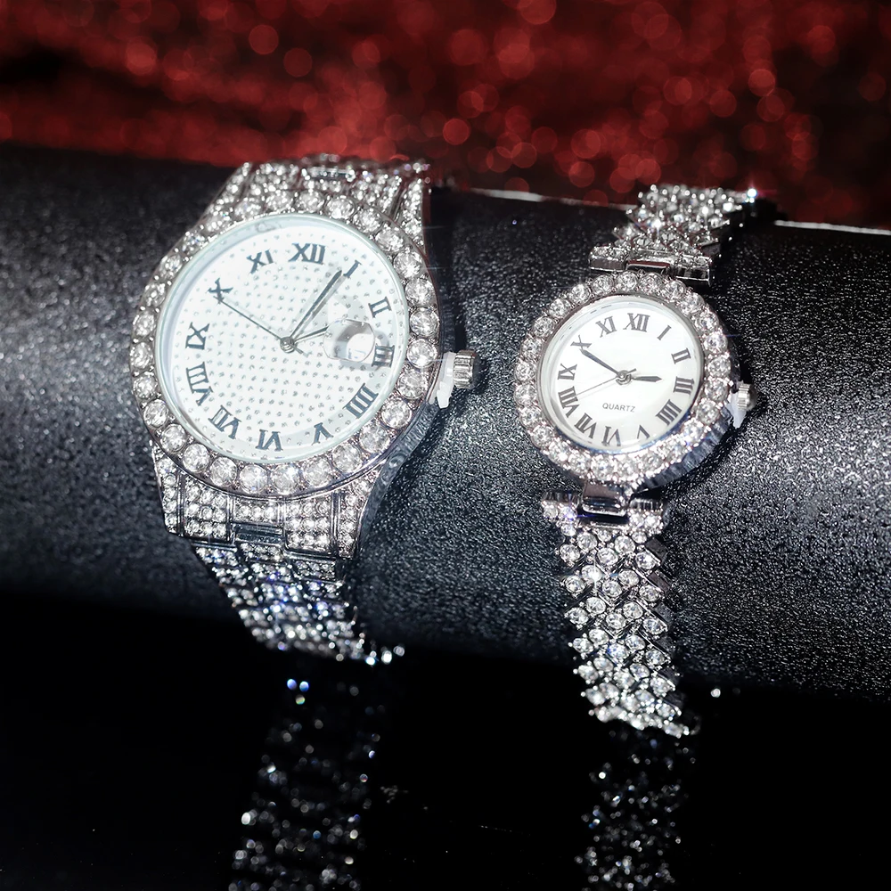 2pcs Stylish Silver Couples Watch Set Hip-hop Punk Iced Out Inlaid Diamonds Watch Men Women Luxury Trend Party Jewelry Gift