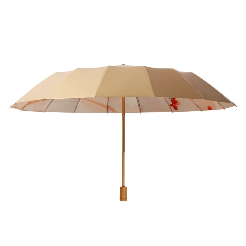 Three Fold 16 Bone Vintage Umbrella Rain and for Sun Use Soild Handle