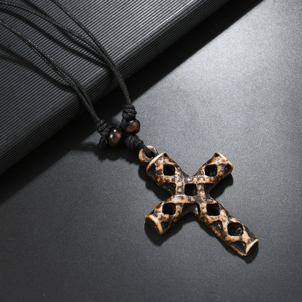 European and American new personalized resin cross shape necklace minority style black wax line men's jewelry necklace