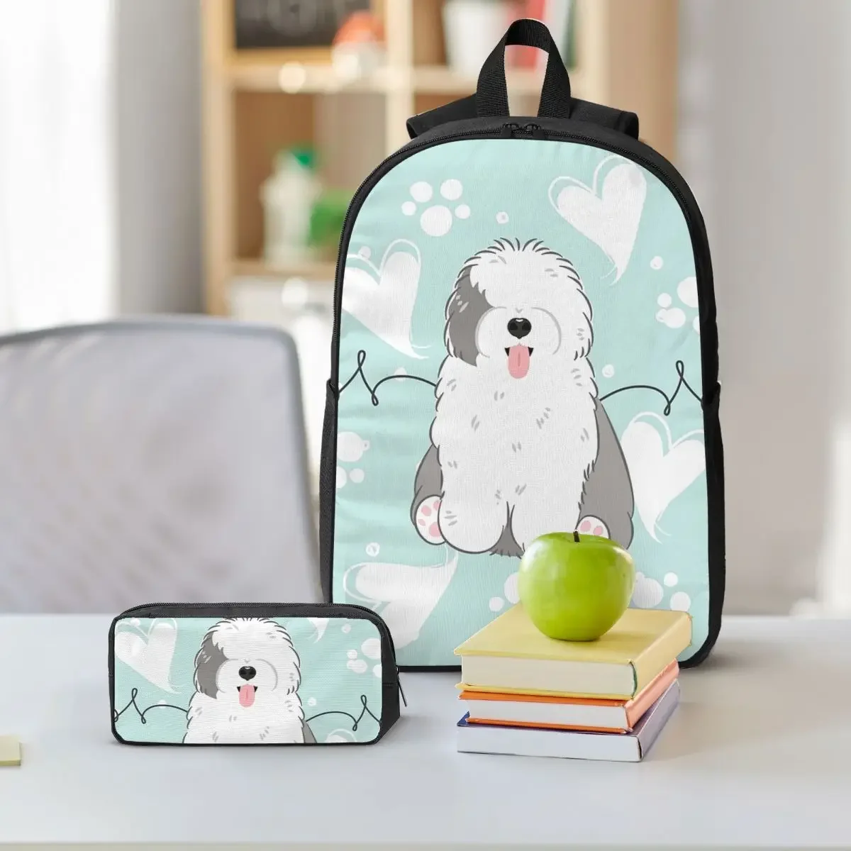 Love Old English Sheepdog Backpack Boys Girls BookBag School Bag Shoulder Bags 3ps Insulated Lunch Bag Pencil Case
