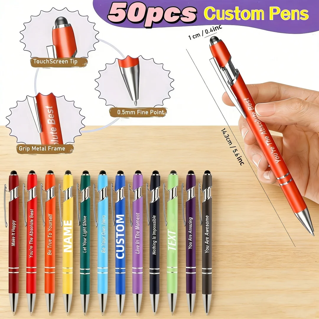 

50pcs Custom Name/Text Ballpoint Pens with Stylus Tip 0.5mm Fine Point Metal Grip Personalize Laser-Engraved Logo Pens Office Gi