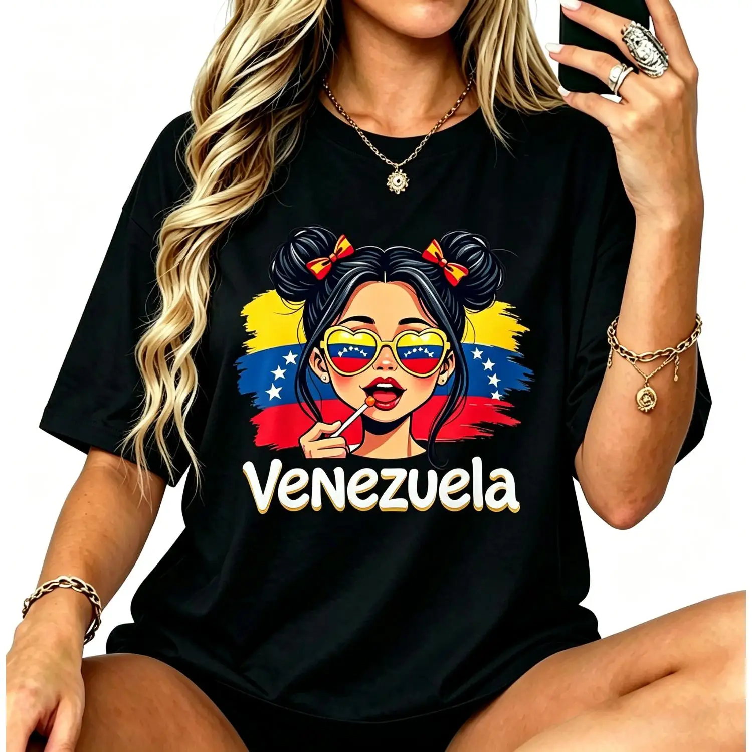 Messy Bun Girl Venezuela Pride Latina Venezuelan Women Girls Cotton T-shirt