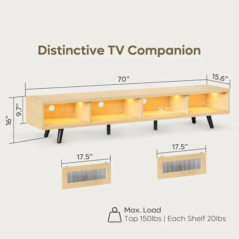 Moderner TV-Ständer für 75-Zoll-Fernseher, LED-TV-Schrank mit Stauraum und Schiebetüren, Low-Profile-TV-Konsole für Wohnzimmer, weißes Ahorn