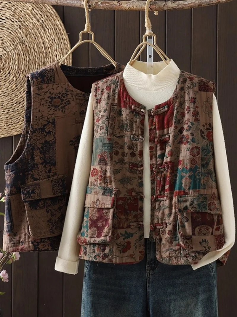 Retro New Chinese Style Vest Women's Clothing Autumn Large Size Cotton And Linen Printed Plate Buckle Sleeveless Waistcoat w985