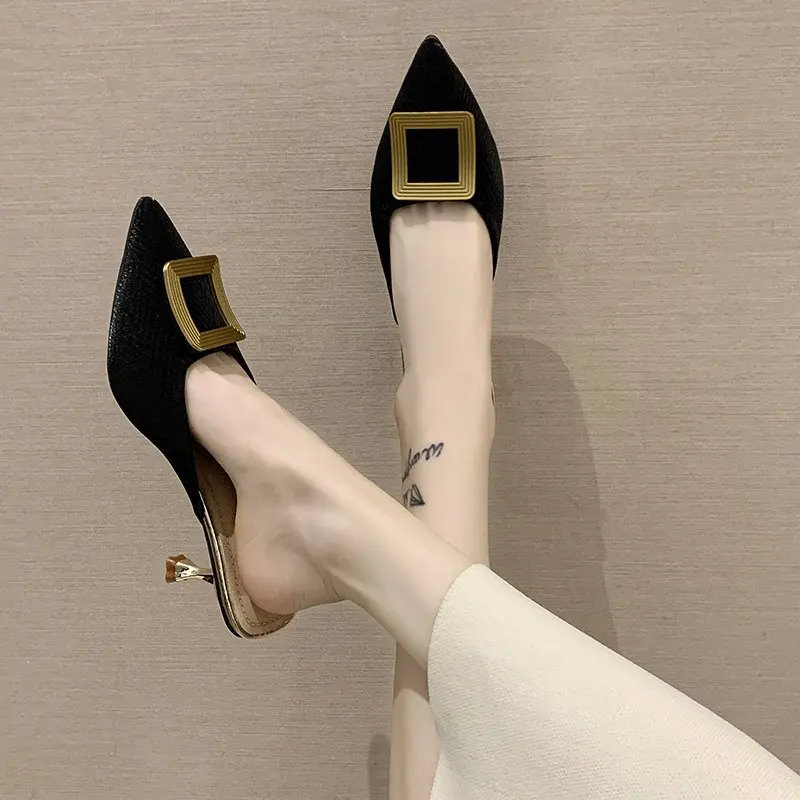 Summer New Style Baotou Metal Square Buckle Slippers Women Fashion Pointed Mid-heel Stiletto Sandals