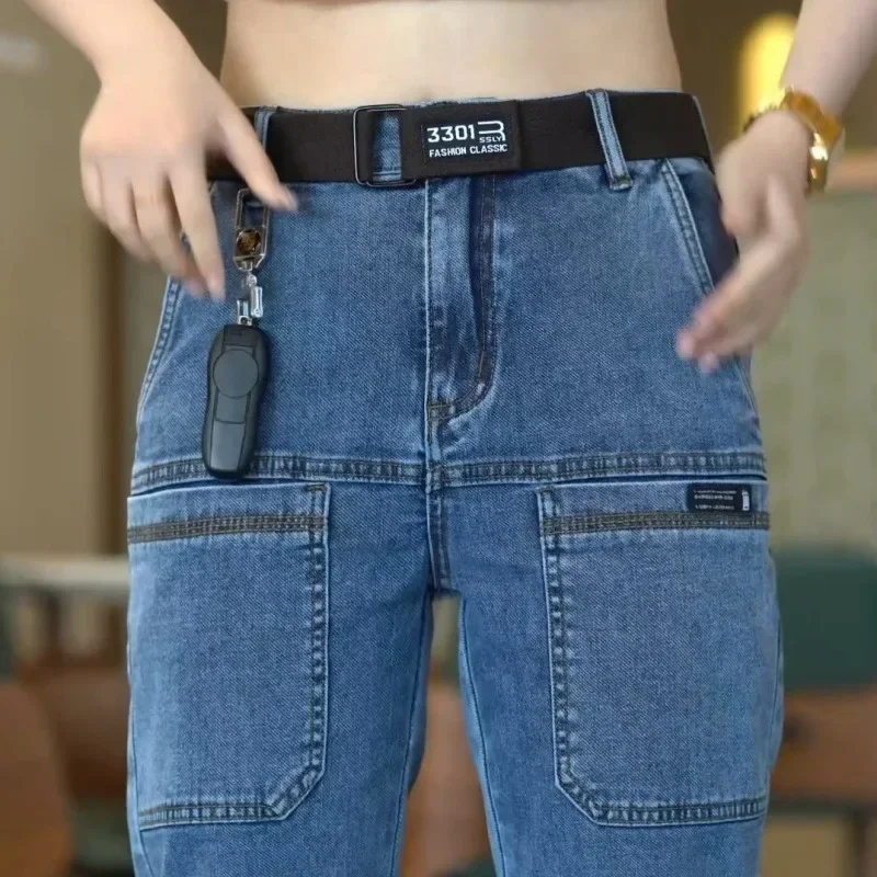Spring Summer Thin Six Pocket Men's Jeans Elastic Straight Leg Casual Slim Fit Jeans Versatile Multi-Pocket Long Y2K Denim Pants