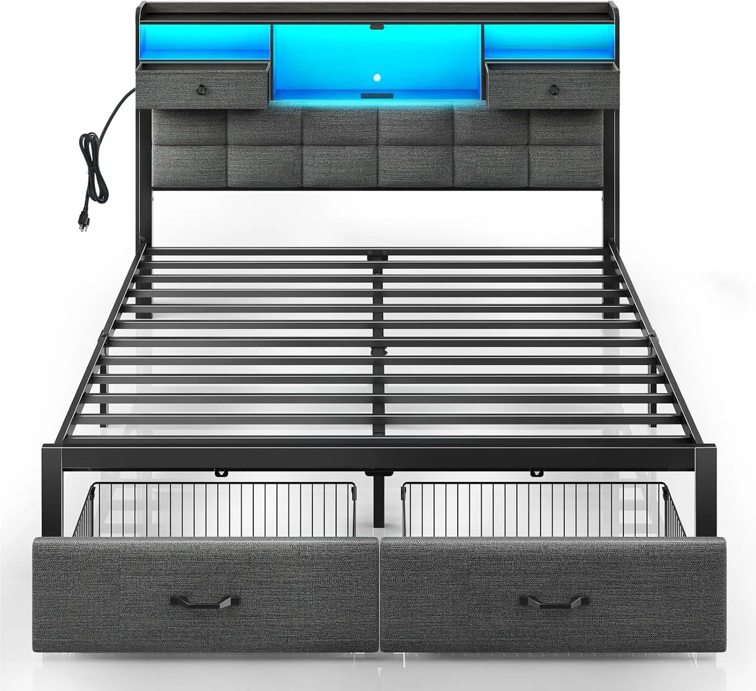 

Large bed frame with drawers and charging station, cushioned platform bed, no need for box springs, no noise, gray