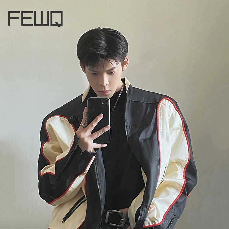 

FEWQ American Style High Street Dark Handsome Men's Jacket Top 2023 Zipper Contrast Color Round Neck Male Tops Fashion 24X1544