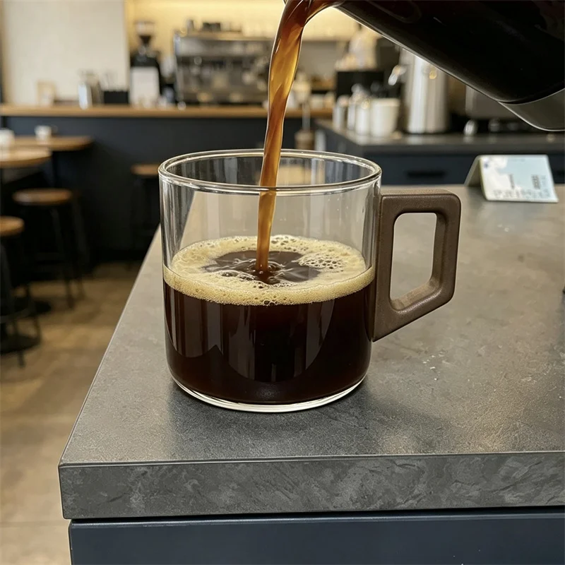 250ML Walnut Wood Handle Glass Coffee Mug Heat Resistant Clear Iced Latte Tea Cup Home Office Cafe Drinkware