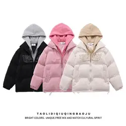 American street fake two piece hooded cotton coat jacket for men and women winter loose and versatile couple cotton coat