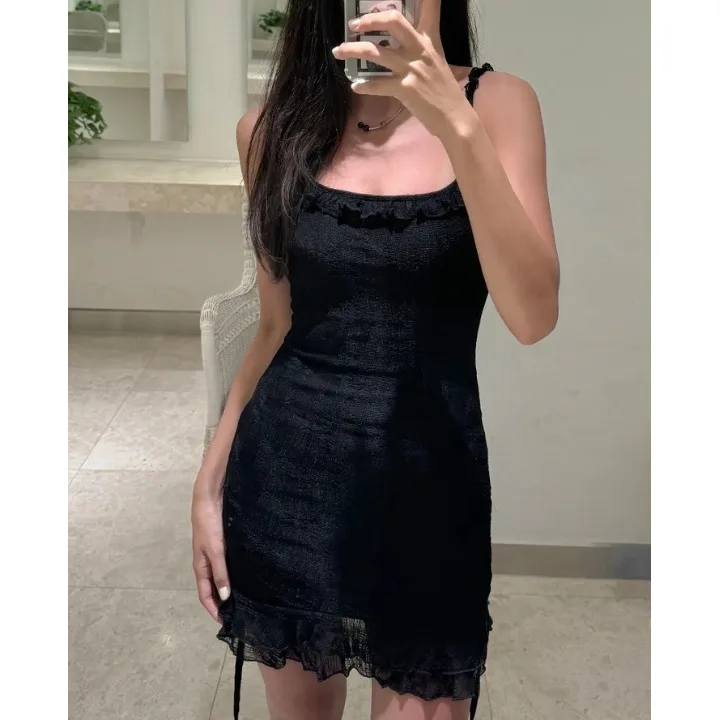 Chic Sweet Korean Style Bateau Neck Ruffle Hem Drawstring Strap Slim Fit Summer Sexy Bodycon Dress for Women Party Wear