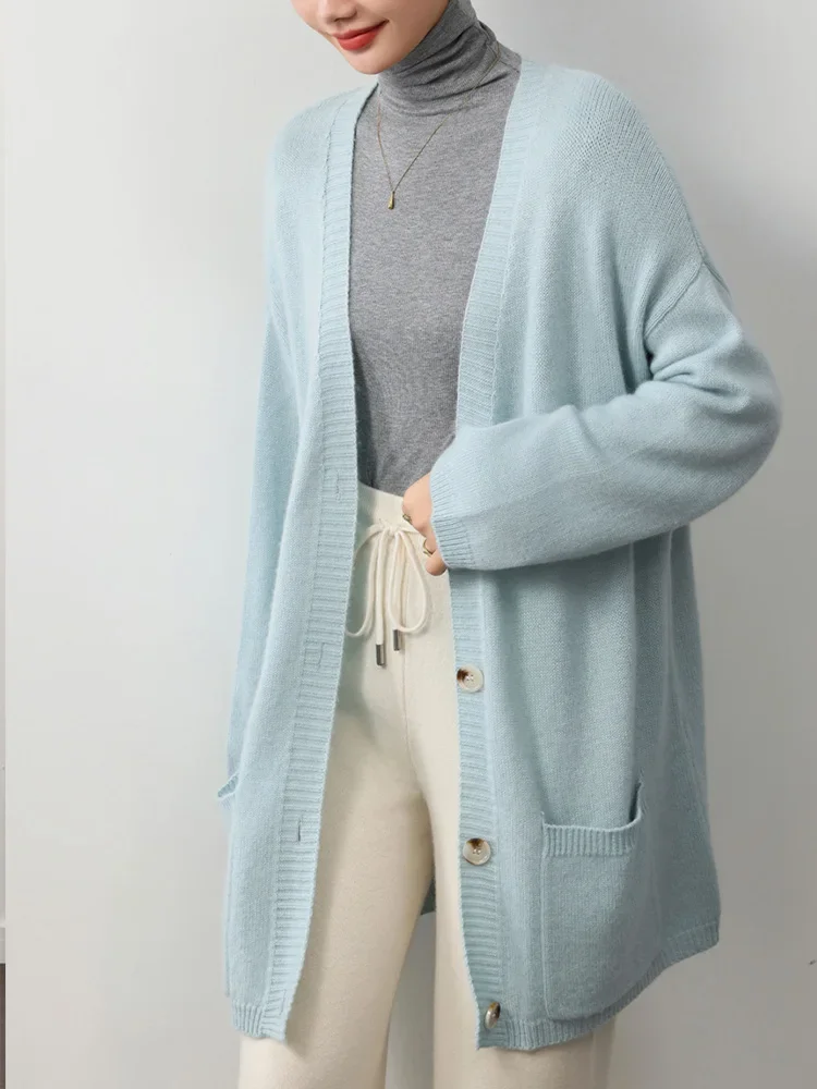 Wool Cashmere Long Cardigan Women 35% Cashmere Knitted Tops Robe Loose Shirt Sweaters Solid Autumn Winter Light Blue Lavender