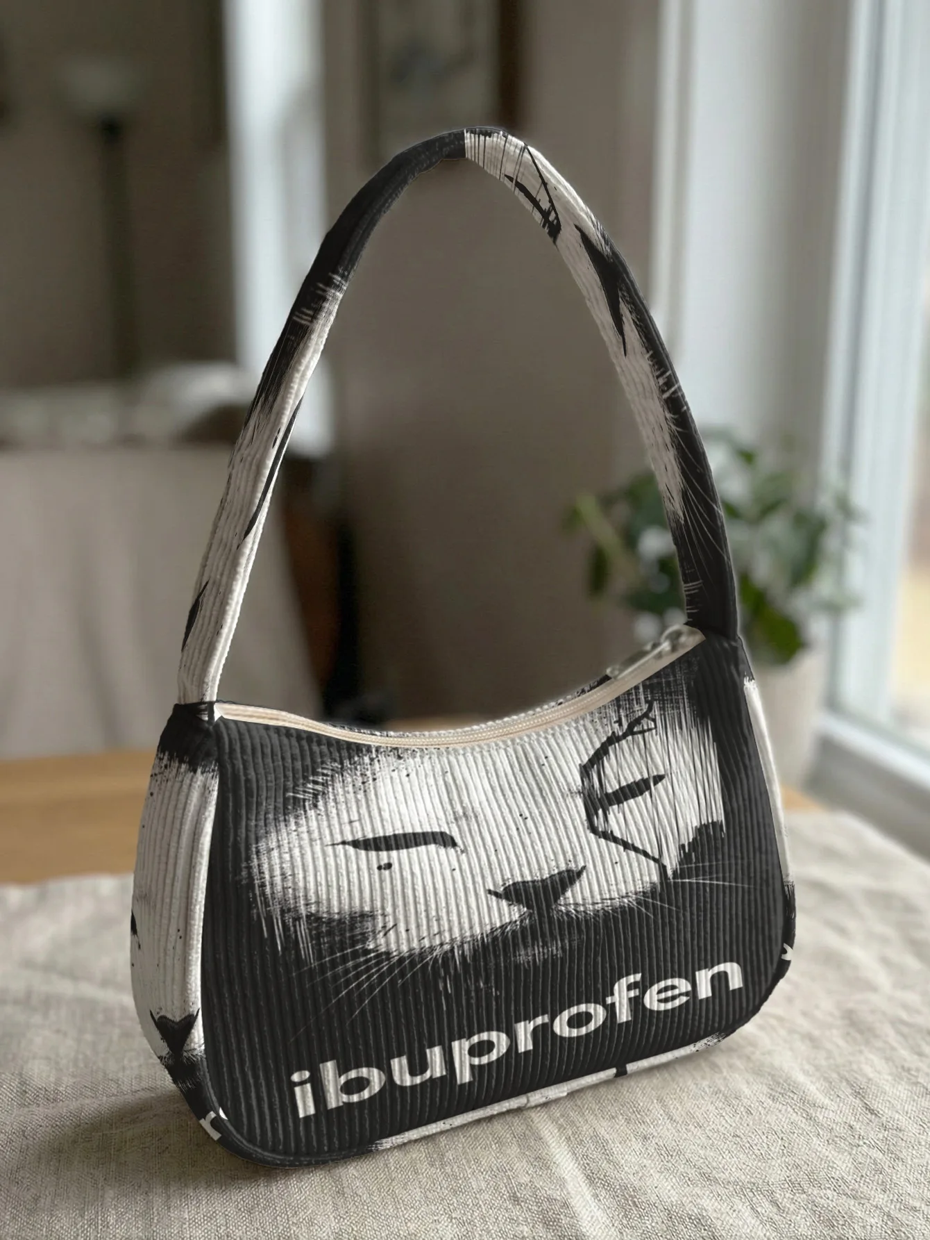 Trendy Cat Ibuprofen Print Shoulder Bag, Corduroy Underarm Bag for Daily Casual Use
