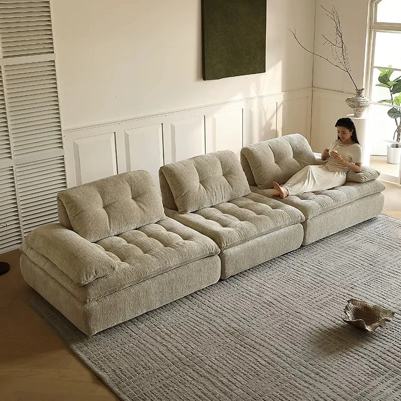 Italian Sherpa style modular upholstered sofa, living room furniture, wide sitting depth, straight line design.