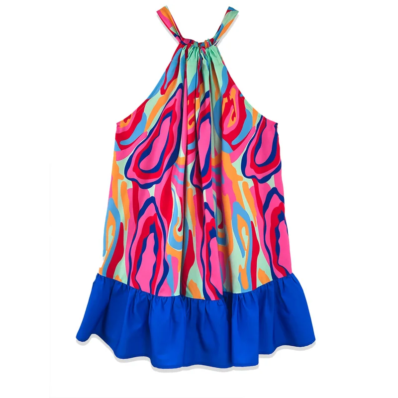 T-shirt imprimé coloré pour femmes, grande taille, col licou, épaules dénudées, dos