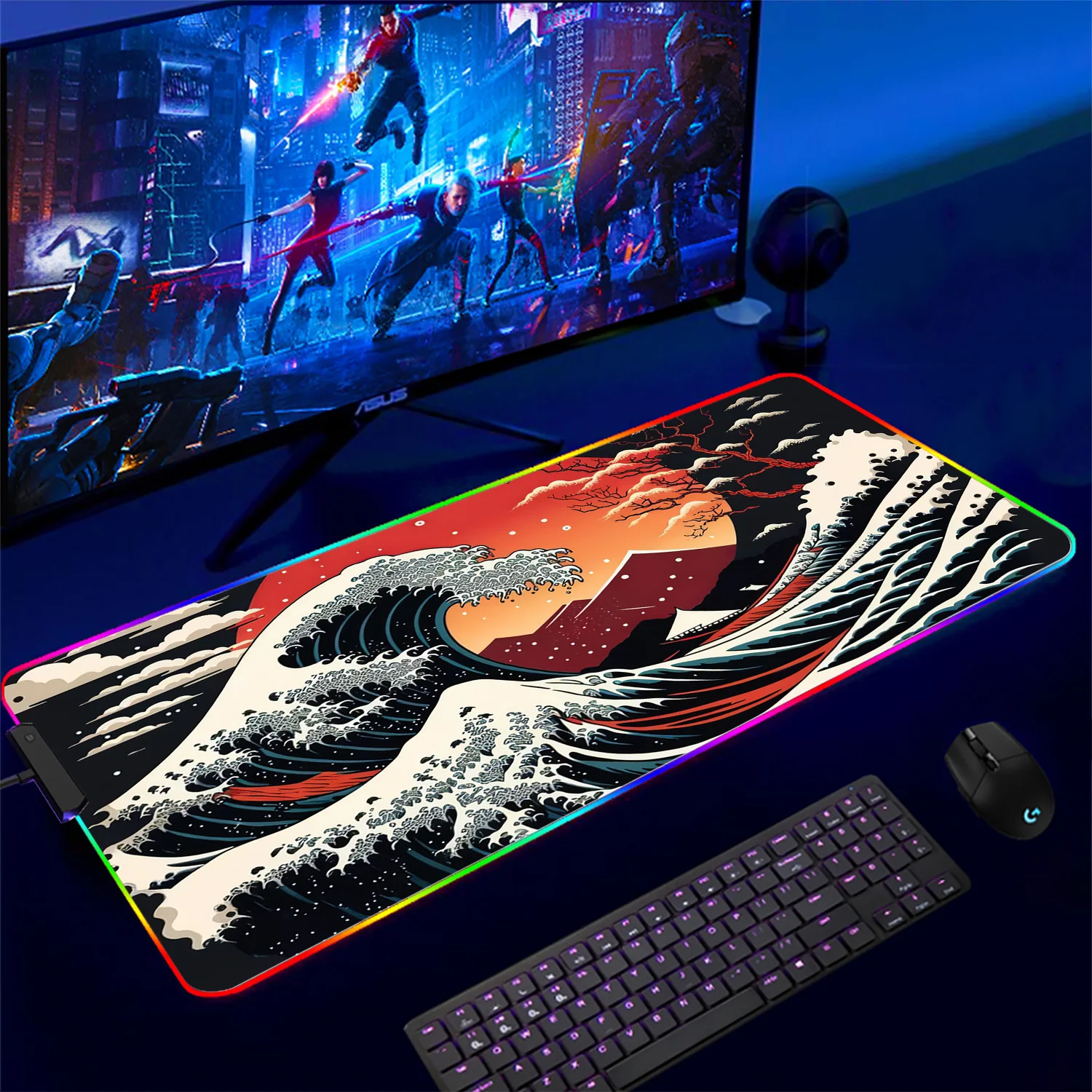 

The Great Wave off Kanagawa RGB Gaming Mouse Pad Desk Mat LED Light Mousepad Artistic Computer Carpet With Backlit Mouse Pads