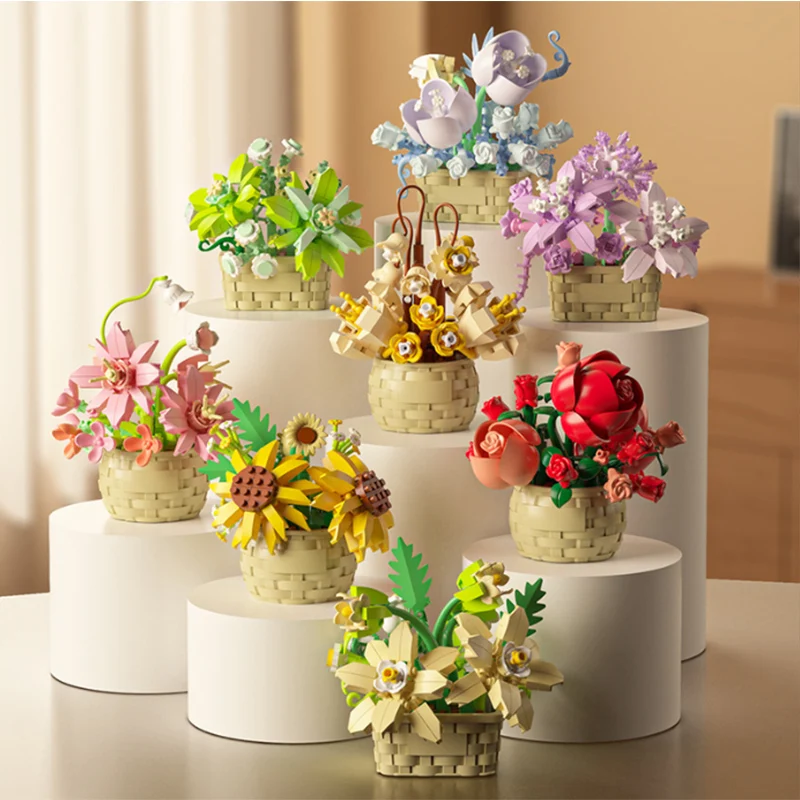 Micro diamond particles flower building blocks bonsai garden romantic office decoration potted plant model set children's toys