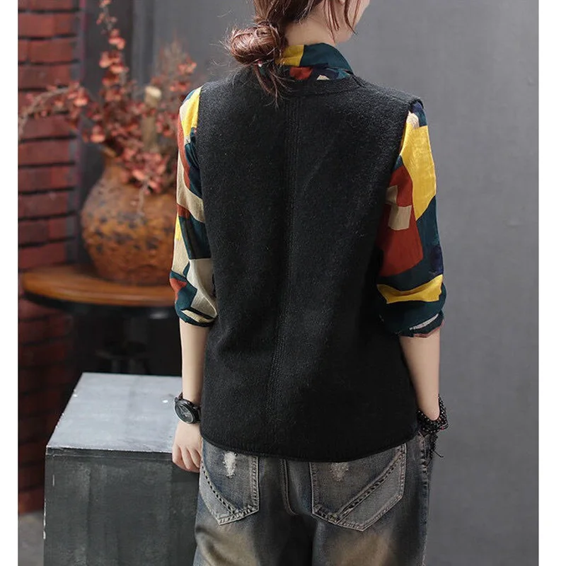 Vintage Dames Trui Vest Lente Herfst Nieuwe Mouwloze V-Hals Contrast Kleur Losse Koreaanse Mode Casual Gebreide Tops