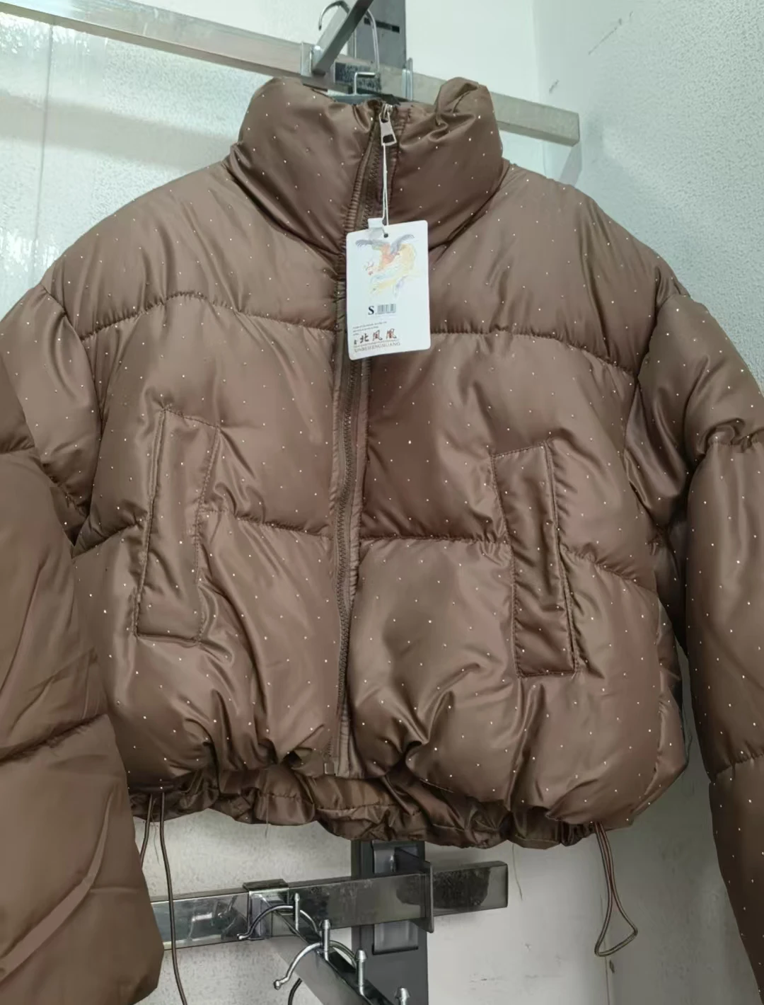 ZAROY Women's Thick Warm Cotton Jacket With Rhinestones Winter Casual Stand Collar Zipper Pocket Down Coat Puffer куртка