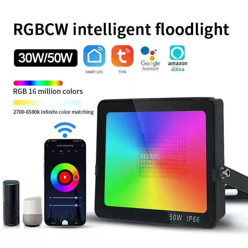 IP65 Smart LED Outdoor Light Tuya WIFI Control LED Flood Light RGBCW Dimmable 50W floodlights