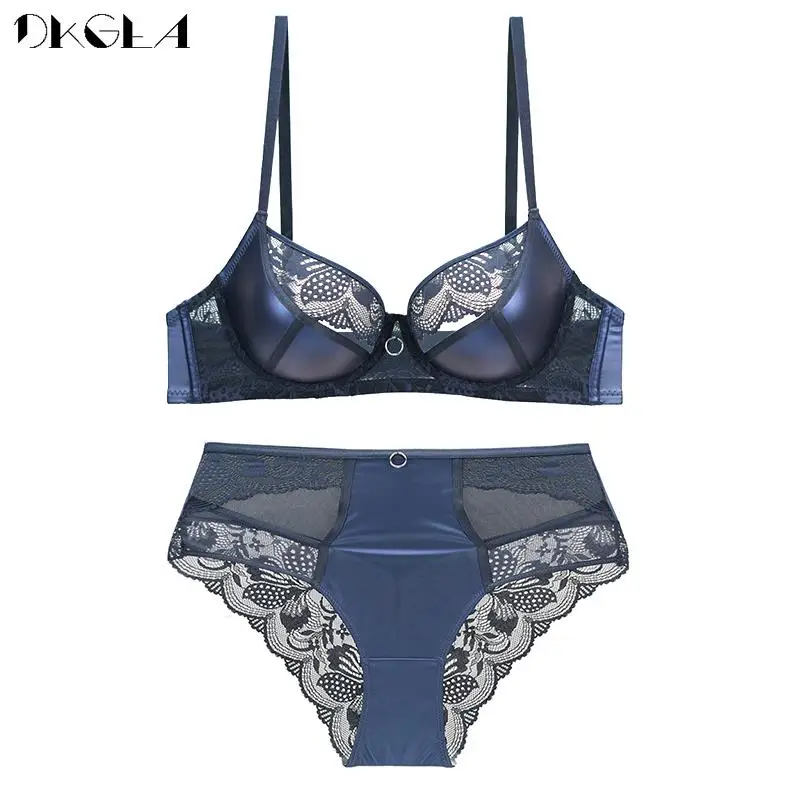 Fashion New Synthetic Leather Underwear Set Women Sexy Brassiere Glossy Push Up Bra Set Lace Embroidery Thin Lingerie B C D Cup