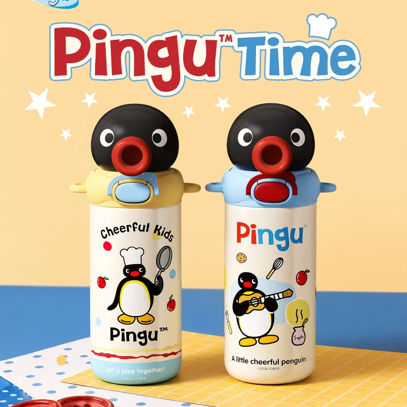 Pingu Cartoon Penguin Insulated Water Bottle 316 Stainless Steel Portable Straw Cup Cute Travel Couple Drinkware