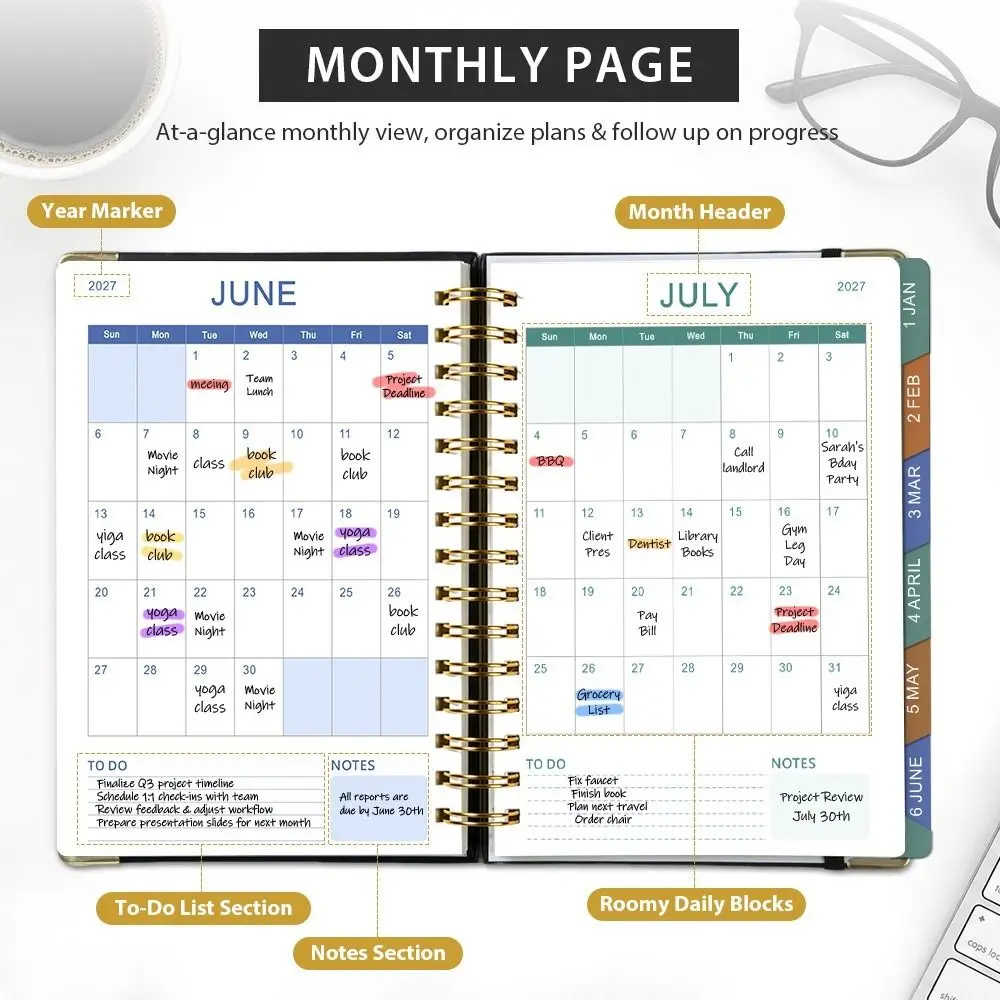 Index Tags 2027 Planner Notebook Spiral Binding A5 Size Coil Diary Book Simple Design Clock In Function Spiral Notebook