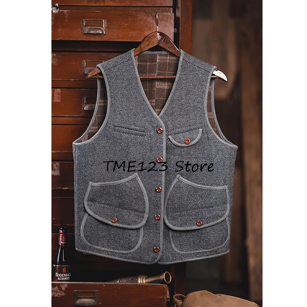 

Повседневный мужской жилет, полностью закрытый жилет с карманами разных форм, однобортный, с v-образным вырезом, повседневная рабочая одежда в стиле ретро с узором «елочка»
