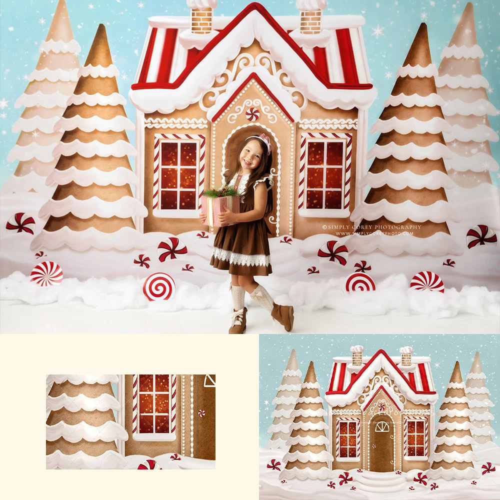 

Pretty Peppermint Gingerbread Winter Backdrops Kids Baby Photorgaphy Decors Child Adult Christmas Photocall Snowy House Backgrou