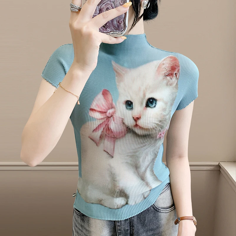 MadBlack-Women's European T-Shirt, Sexy Mock Neck Cat Printed, Streetwear Short Sleeve Slim S-3XL Knit Tee, 2025 Summer T55013CC
