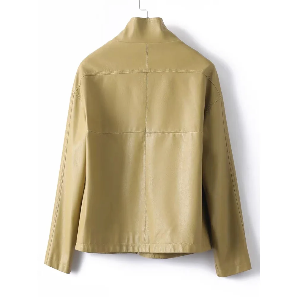 Nueva Chaqueta de Cuero Sintético para Mujer, Estilo Simple, Cuello Alto, Cintura Ancha, Holgada, Informal, Corta, para Primavera y Otoño