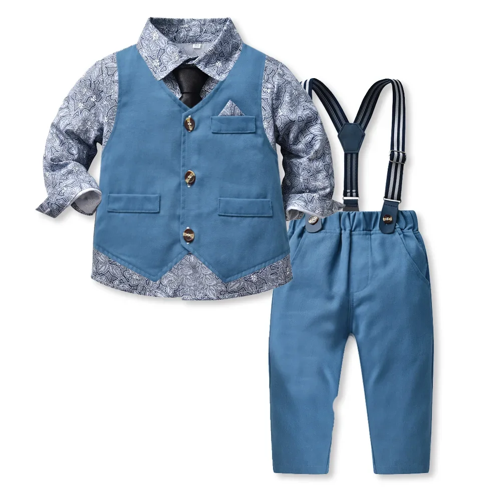 Children's Autumn Boy Suit 70-140cm Flower Shirt and Strap Pants with Vest and Bow Tie Handsome Suit Halloween Orange Color