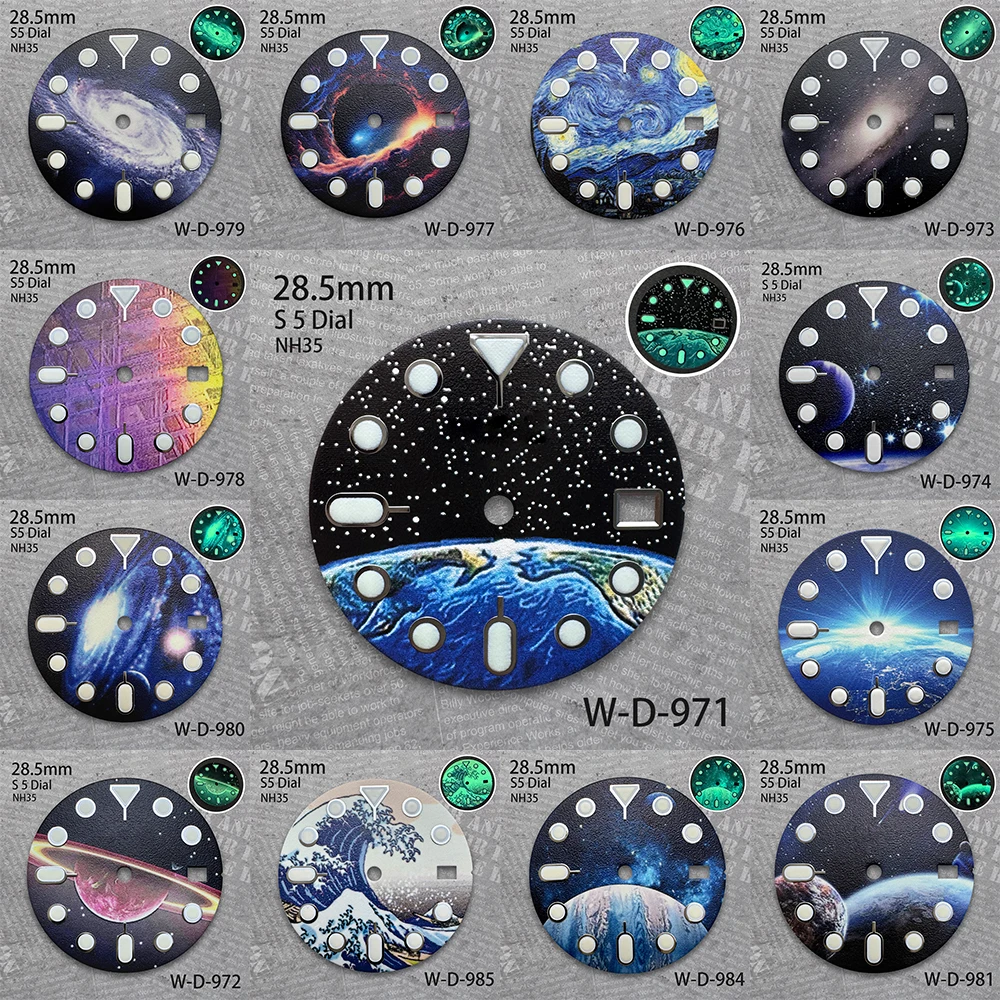 28.5 mm S Logo Starlit Sky Dial Suitable For NH35 Japan Movement Full Green Luminous High Quality Watch Modification Accessories