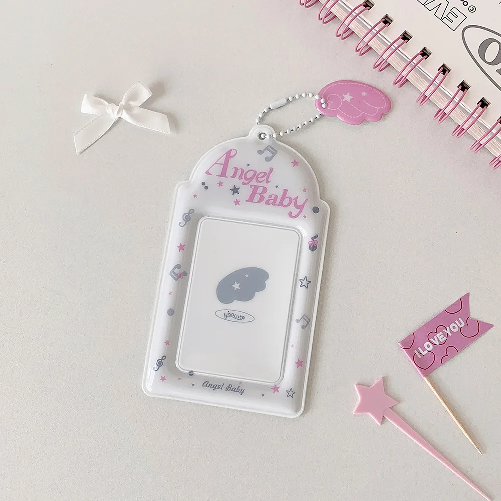 Cute Student 3 Inch Clear ID Card Holder with Angel Wings Charm Photo Badge Sleeve for Bus Card