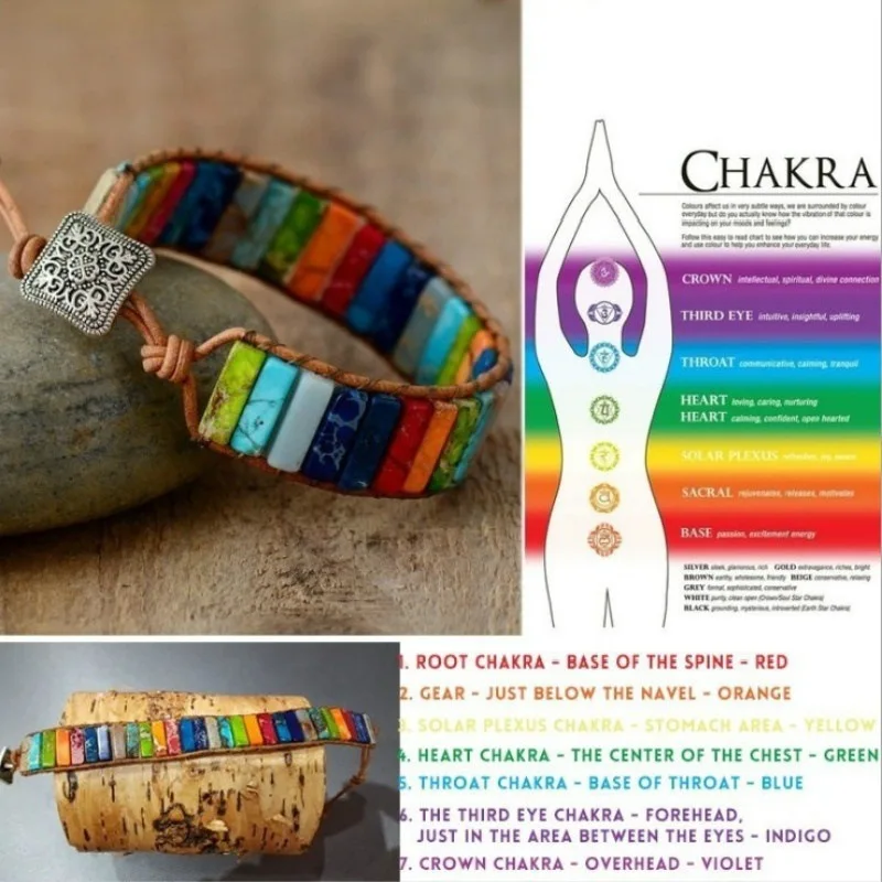 

7Chakra Bangle Bracelet for Women Jewelry Handmade Multicolor Natural Stone Tube Beads Leather Charm Bracelet Wrap Couples Gifts