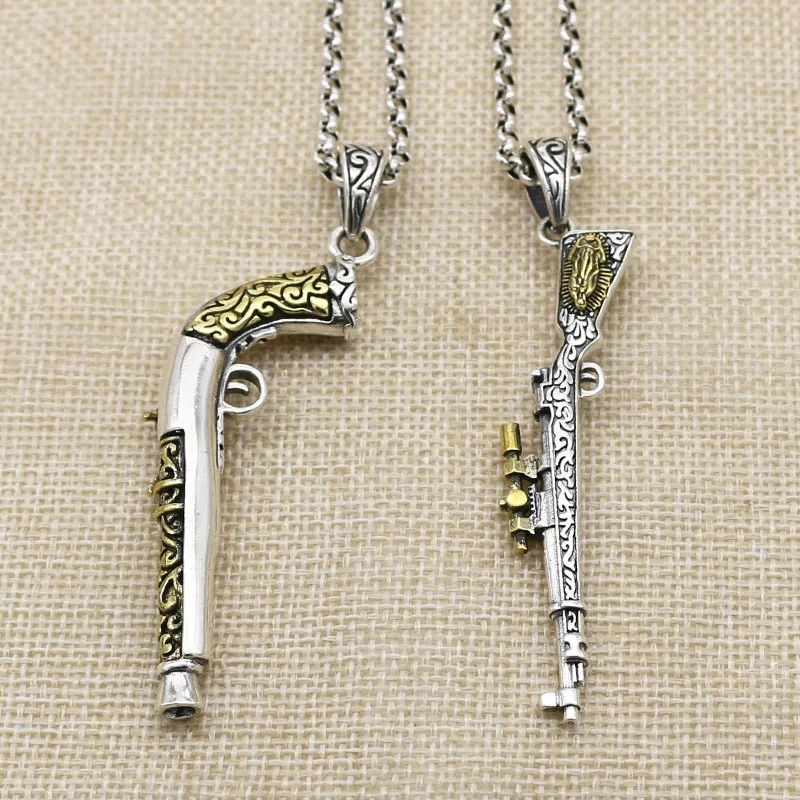 European and American trendsetters sterling silver 925 creative fire barrel gun necklace pendant Men's and women's sweater chain