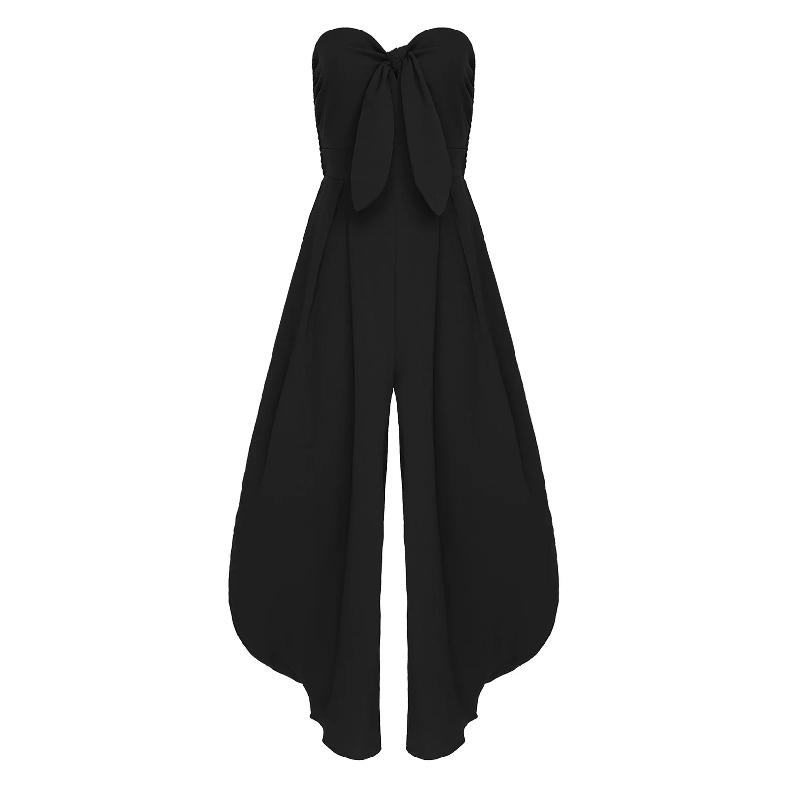 بدلة قفز نسائية أنيقة بعقدة ربط أمامية بدون حمالات مكشكشة عالية الخصر سراويل فضفاضة من قطعة واحدة لحفلات الكوكتيل والعطلات