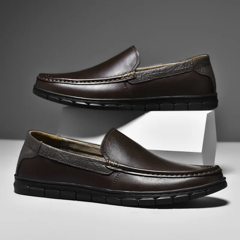 Mens Genuine Leather Casual Shoes Top Layer Cowhide Slip On Loafers Driving Shoes Breathable Comfortable