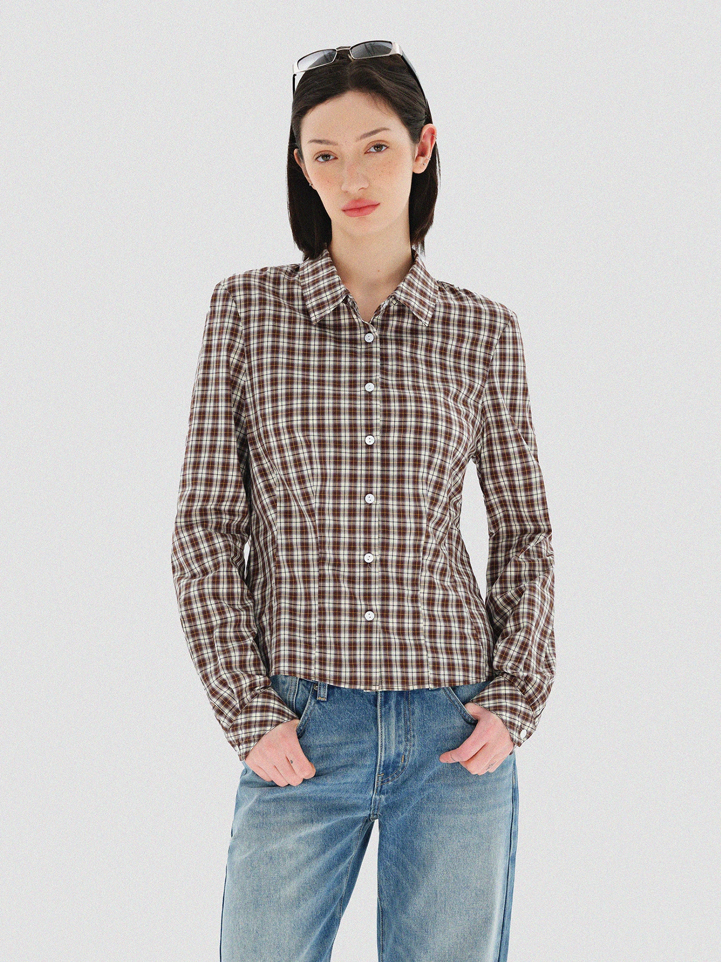 

Ретро-рубашка в клетку с завышенной талией и длинными рукавами, женская, приталенная, универсальная, для многослойных образов, из хлопка и лиоцелла, с воротником на пуговицах