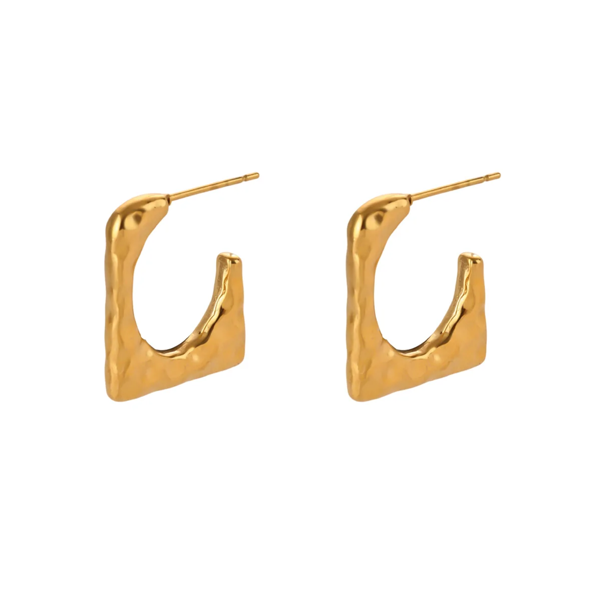 Vintage Goldfarbene Edelstahl-Creolen, gehämmerte geometrische quadratische plissierte klobige Croissant-Ohrringe, Damenschmuck – Detail 6