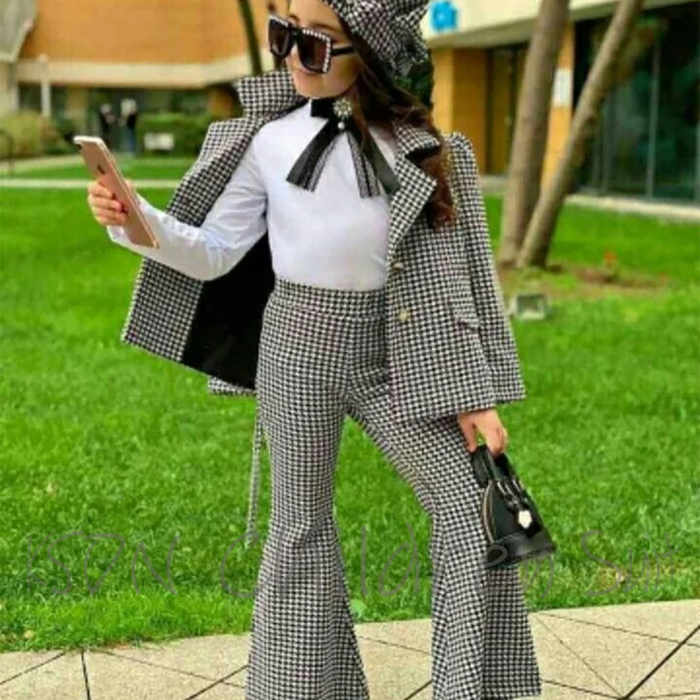 Houndstooth Luxury Child Set Girls Suit Two Pieces Notch Lapel SIngle Breasted Elegant Outfit Jacket Pants Holiday Costume