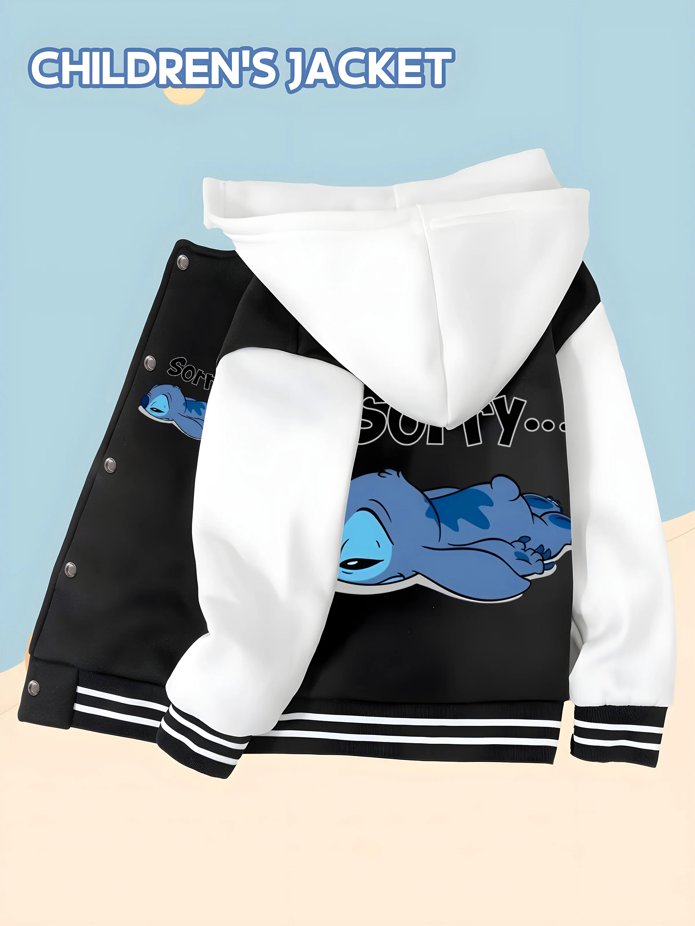 

MINISO Disney Stitch "Sorry" Sleeping Baseball Boys Jacket - Double-sided print, skin-friendly and comfortable to wear