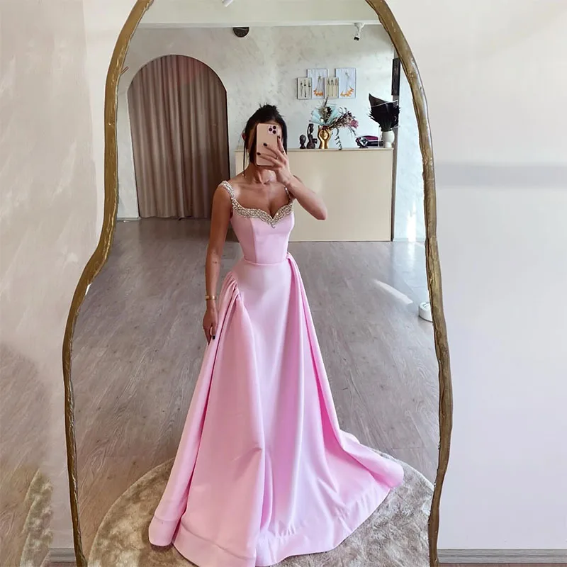 

Stunning Pink A Line Prom Dress Beaded Straps Formal Evening Elegant Sweep Train Satin Dresses For Special Occasions Party Gowns