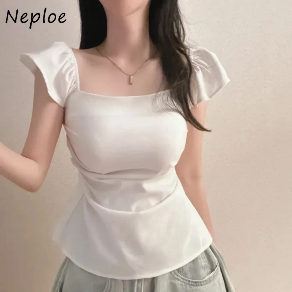 

Neploe New Age Reduction Spice Girls Short Tops Ruffles Square Collar Lace Up Slim Mujer French Style Sexy Elegant Solid Blusas